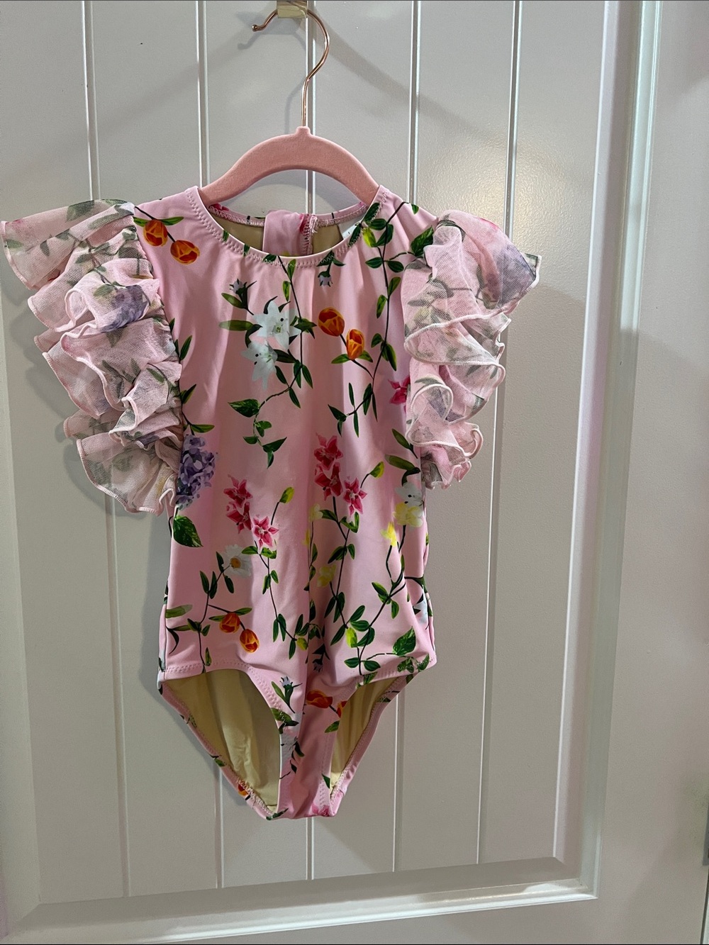 Shade Critters Kids Pink Floral One-Piece Swimsuit with Ruffle Sleeves